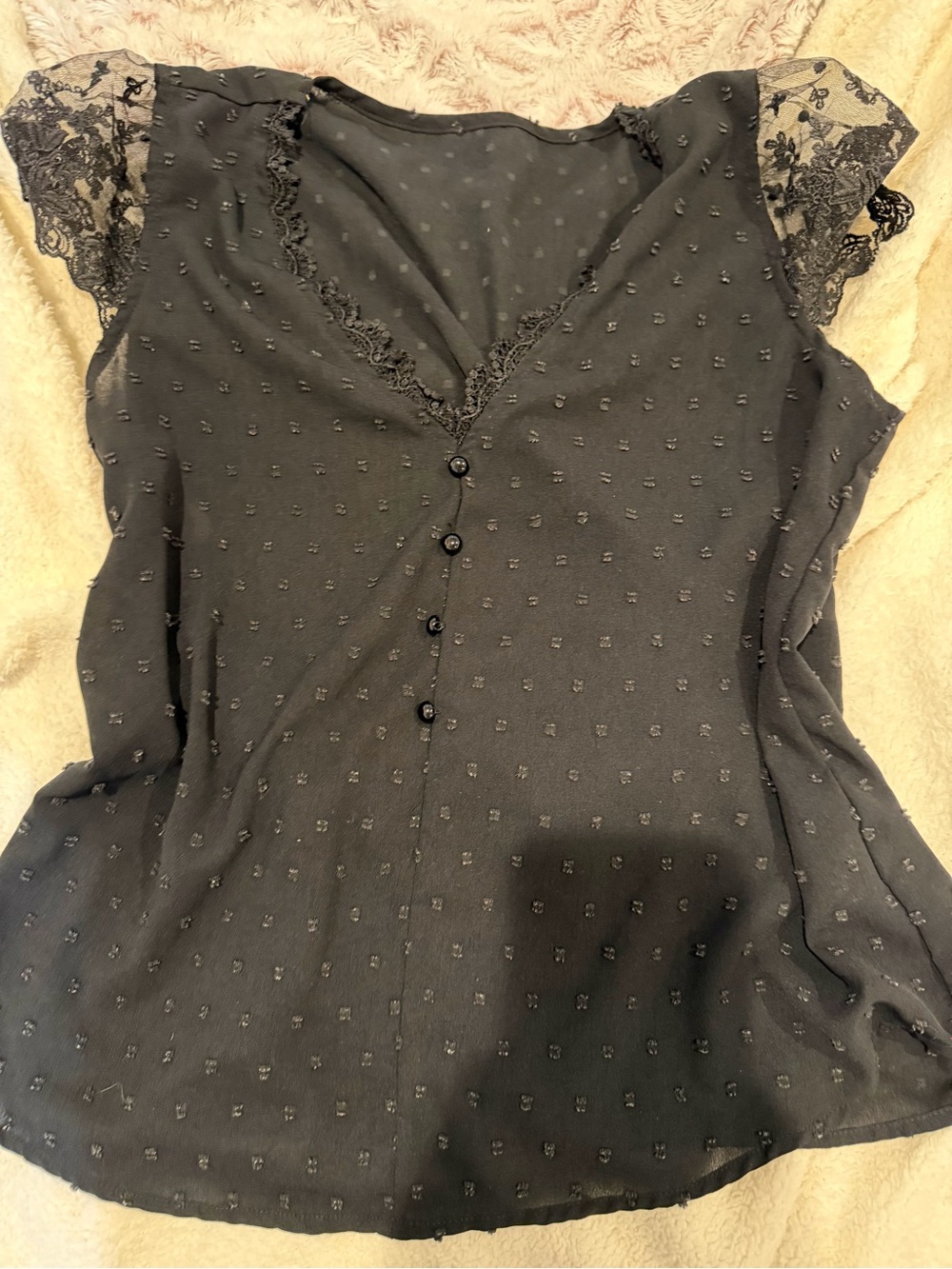 Lace Cap-Sleeve Button Front Women's Sleep Top — Black - Picture 1 of 2